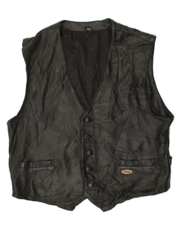 VINTAGE Mens Leather Waistcoat 2XL Black Leather