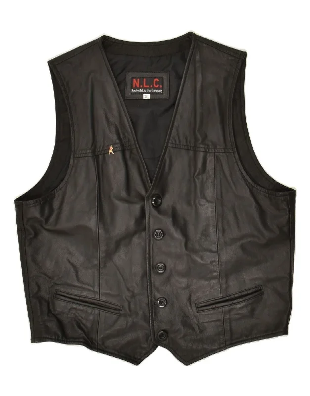 VINTAGE Mens Leather Waistcoat 2XL Black Leather