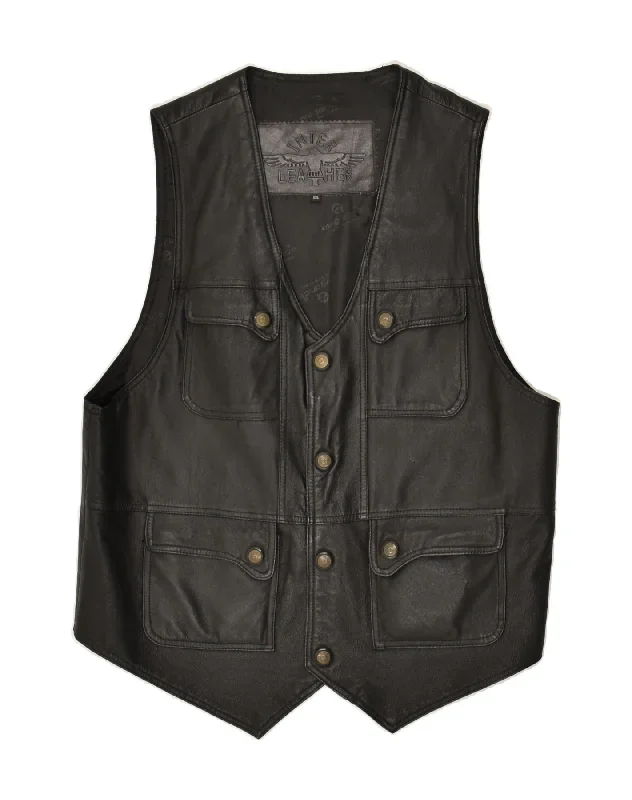 VINTAGE Mens Leather Waistcoat 3XL Black