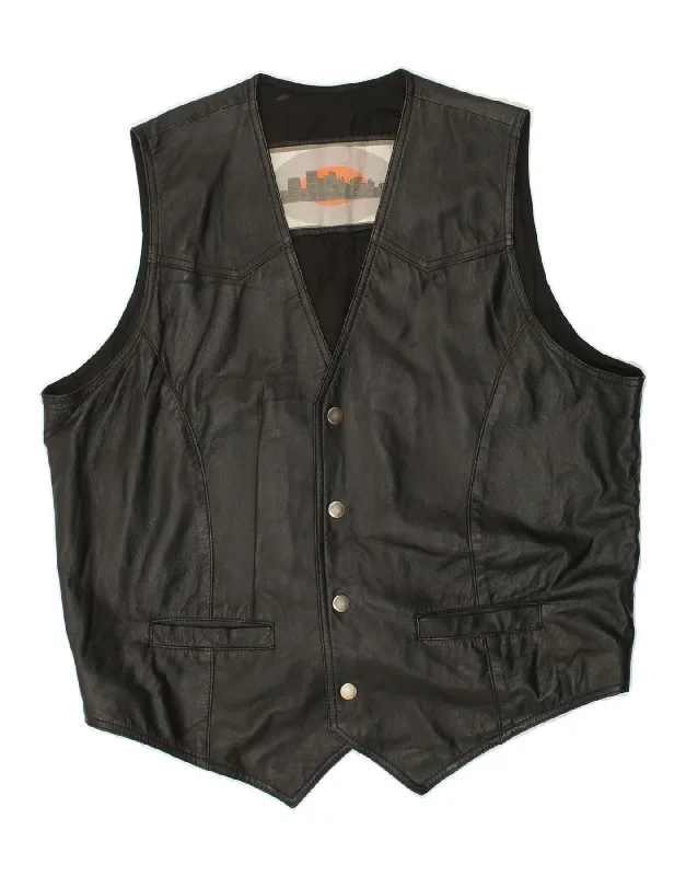 VINTAGE Mens Leather Waistcoat EU 58 2XL Black Leather