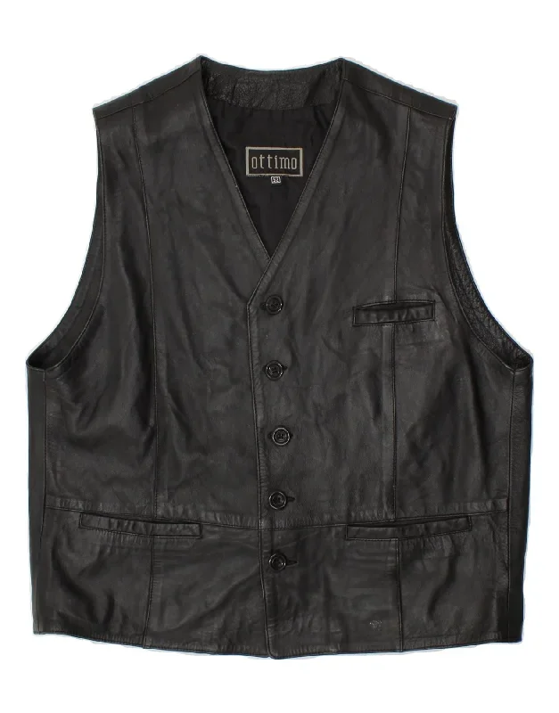 VINTAGE Mens Leather Waistcoat IT 52 Large Black Leather