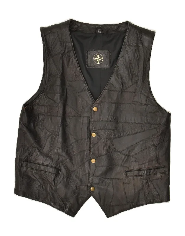 VINTAGE Mens Leather Waistcoat IT 52 Large Black