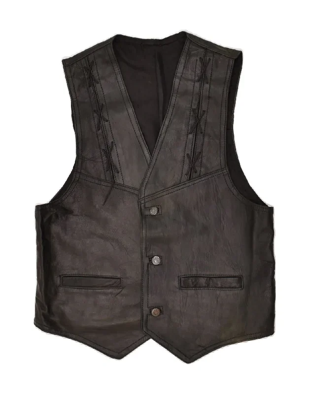 VINTAGE Mens Leather Waistcoat Small Black