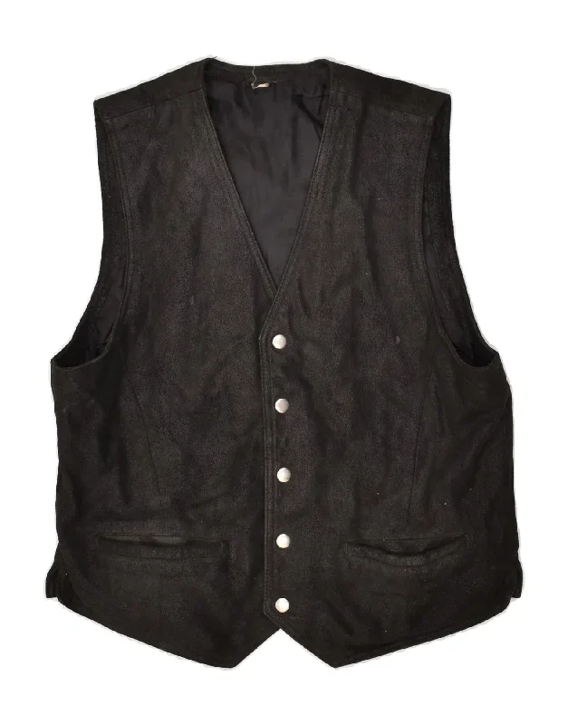 VINTAGE Mens Leather Waistcoat Small Black Leather