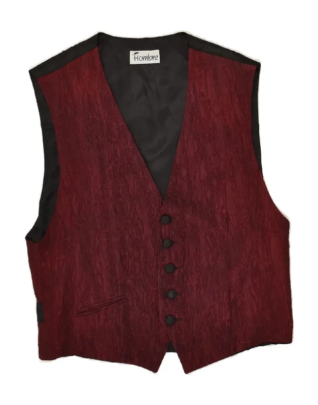 VINTAGE Mens Slim Waistcoat Large Burgundy Viscose