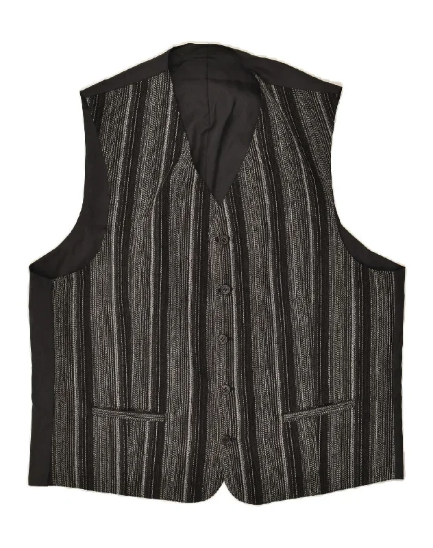 VINTAGE Mens Waistcoat Medium Black Striped Viscose