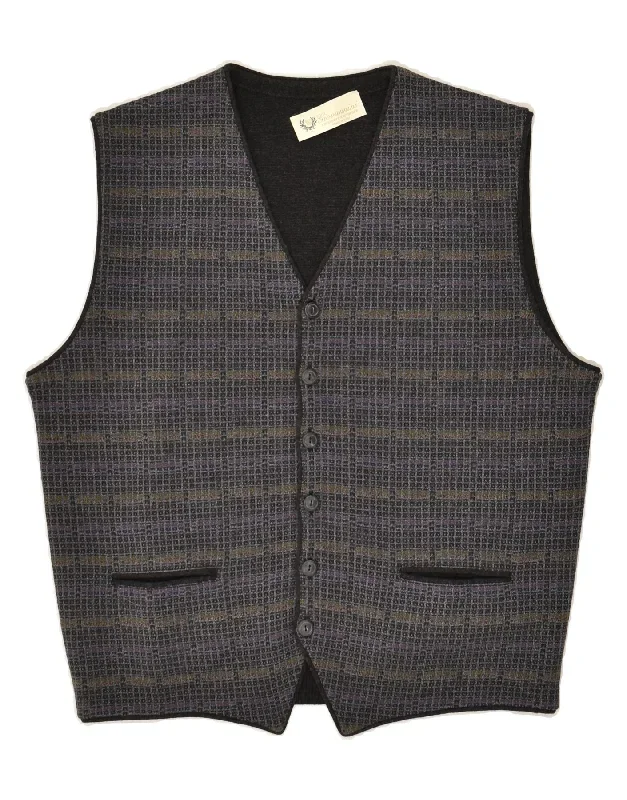 VINTAGE Mens Waistcoat Medium Grey Striped Merino Wool