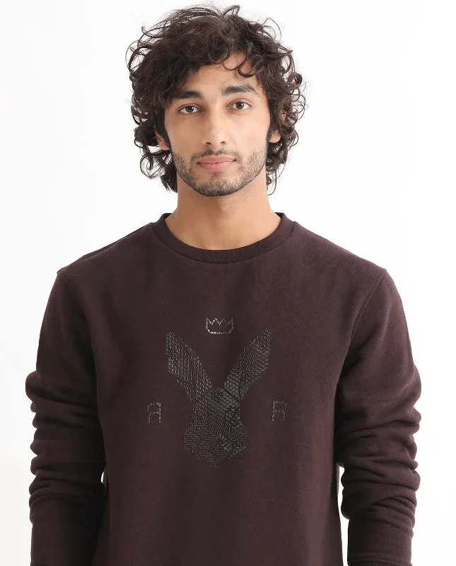 Rare Rabbit Mens Voir Dark Maroon Cotton Polyester Fabric Full Sleeves Logo Statement Print Knitted Sweatshirt